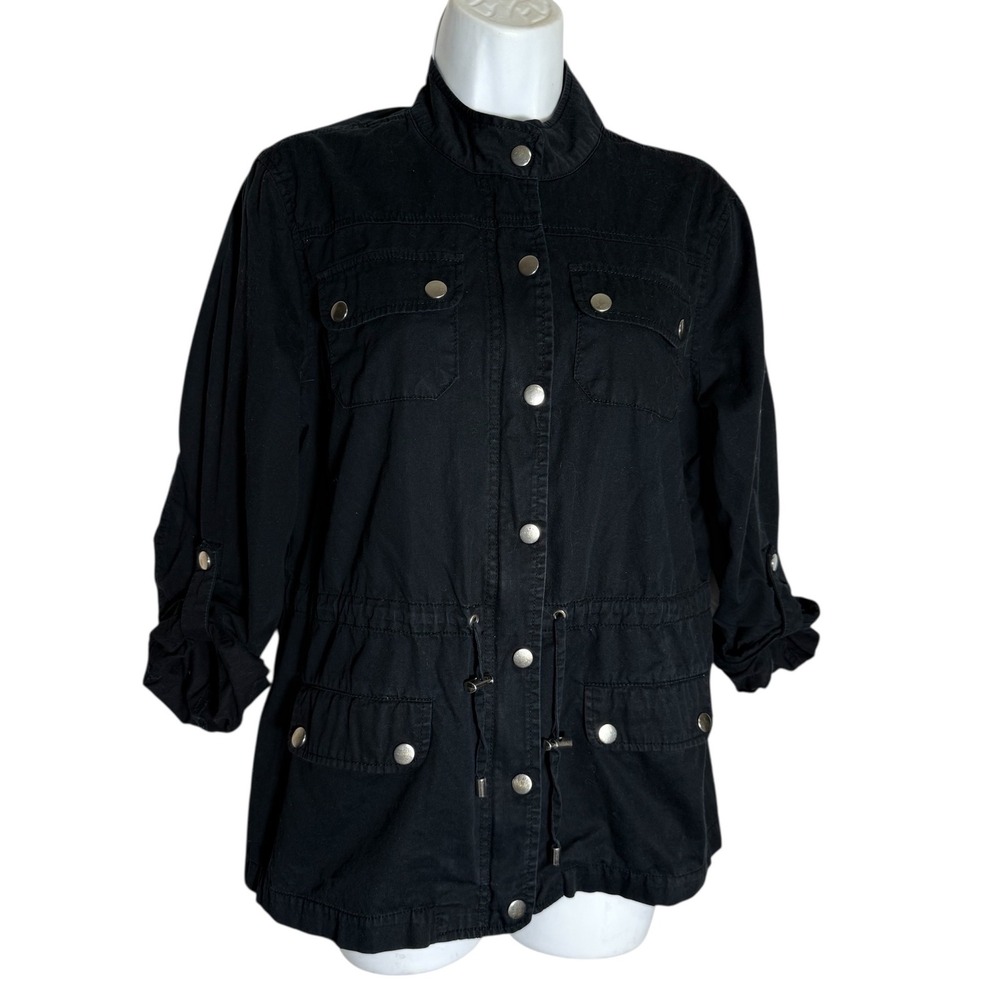 Baccini Utility Jacket Size L Womens Black Drawstring Waist Cargo Pockets 🖤🖤